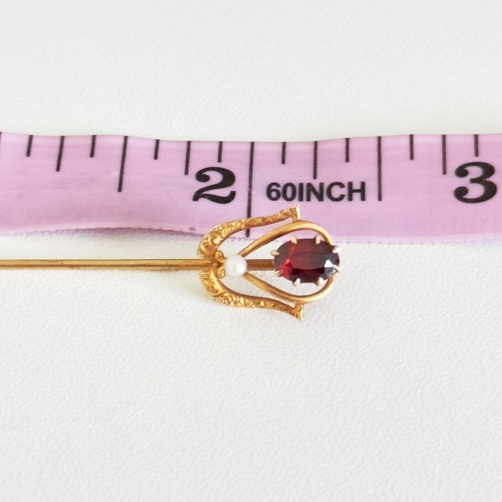 Antique 14k Yellow Gold Garnet Seed Pearl Stick Pin - Picture 10 of 13